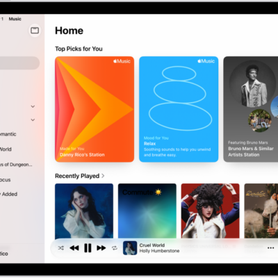The Home tab in the Music app showing the sidebar on the left and the Home section at the right. The Home tab shows Top Picks at the top. Recently Played music appears below, showing four album covers. The MiniPlayer is at the bottom.