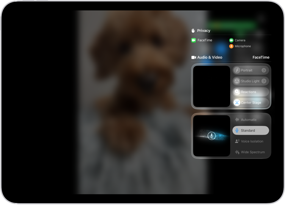 A menu in Control Center shows input source options for recording your side of a videoconference.