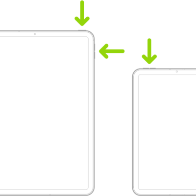 Two iPad models, each with a top button. One model has volume buttons on the side; the other has volume buttons at the top.