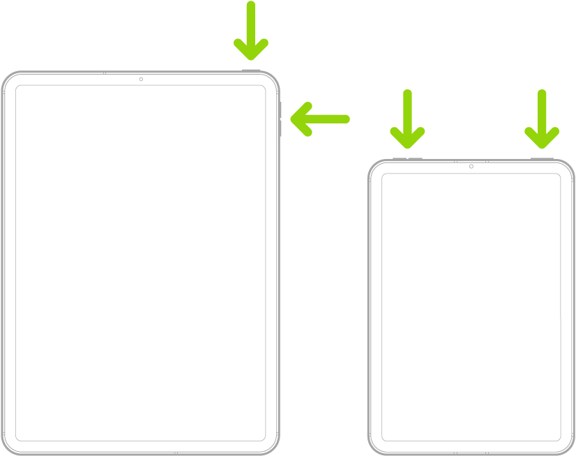 Two iPad models, each with a top button. One model has volume buttons on the side; the other has volume buttons at the top.