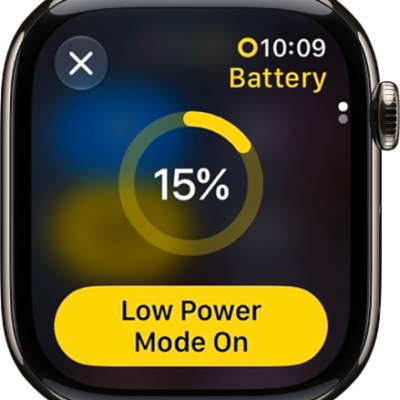 The Low Power Mode screen with a partial yellow ring indicating the remaining charge. The Low Power Mode On button is at the bottom.