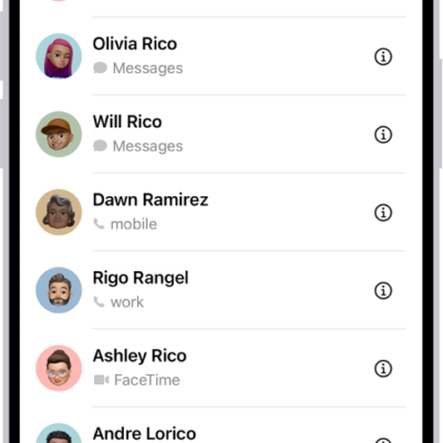 The Favorites screen in the Contacts app; six contacts are listed as favorites.