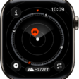 The Compass app showing a waypoint within a dial. The Info button is at the top left, the Waypoints button is at the bottom left, the Elevation button is at the middle bottom, and the Backtrack button is at the bottom right.