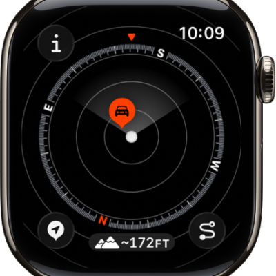 The Compass app showing a waypoint within a dial. The Info button is at the top left, the Waypoints button is at the bottom left, the Elevation button is at the middle bottom, and the Backtrack button is at the bottom right.