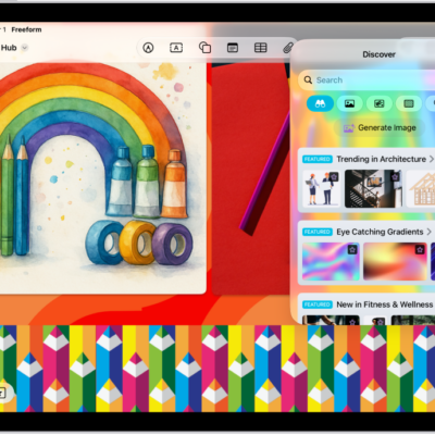 An iPad with the Freeform app open to the Content Hub in Apple Creator Studio. Premium and generated images are placed on the board.