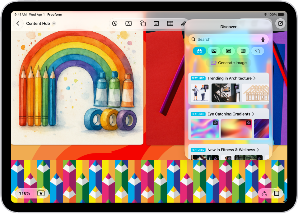 An iPad with the Freeform app open to the Content Hub in Apple Creator Studio. Premium and generated images are placed on the board.