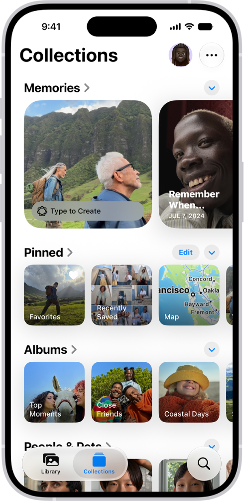 The Photos app is open and the Collections button is selected at the bottom of the screen. On the screen from top to bottom are the following Collections: Memories, Pinned, Albums, and Recent Days.