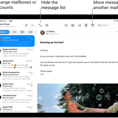 The Mail Inbox, with the list of emails on the left and an open email on the right.