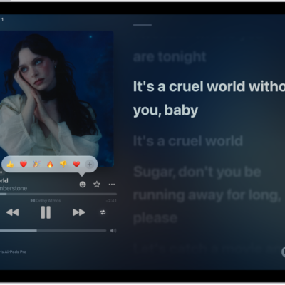 The Now Playing screen with the Reactions button showing several emoji and an Add button that you can click to find more emoji.