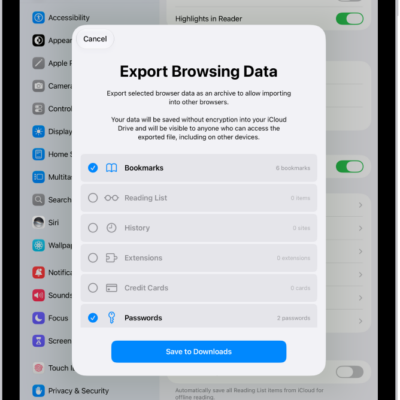 The Export Browsing Data screen, with the Passwords option selected for export to another password manager.