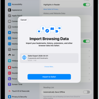The Import Browsing Data screen, showing the CSV file of passwords from another password manager to be imported.