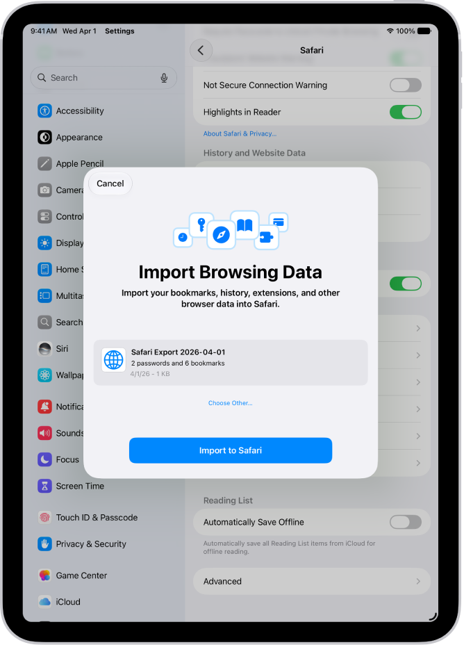 The Import Browsing Data screen, showing the CSV file of passwords from another password manager to be imported.