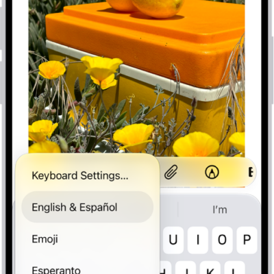 The Keyboard Settings menu is open, and shows three options: English (US), Emoji, and Keyboard Feedback. At the bottom of the menu, from left to right, are buttons for left-handed layout, default layout, and right-handed layout. The default layout button is selected.