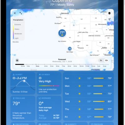 A wind map of the ocean fills the iPad screen. The Toggle Full Screen Map button and the Wind Map Overlay Scale are in the top-left corner. In the top-right corner, from top to bottom, are the Overlay Menu, Current Location, and Favorite Locations buttons. Along the bottom is a timeline.