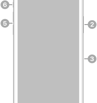 The front view of iPhone 11 Pro. The front camera is at the top center. On the right side, from top to bottom, are the side button and the SIM tray. The Lightning connector is on the bottom. On the left side, from bottom to top, are the volume buttons and the Ring/Silent switch.
