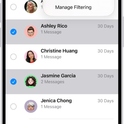 A list of recently deleted messages with two conversations selected, and two options available at the bottom of the screen: Recover and Permanently Delete.