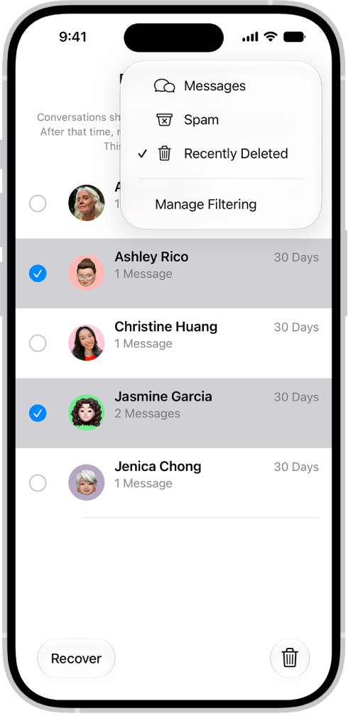A list of recently deleted messages with two conversations selected, and two options available at the bottom of the screen: Recover and Permanently Delete.