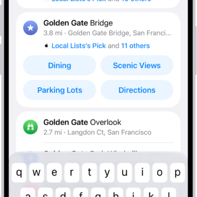A location is entered in the Maps search field and results are listed below.