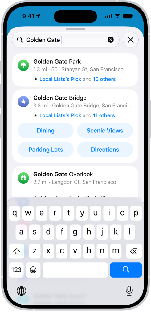 A location is entered in the Maps search field and results are listed below.
