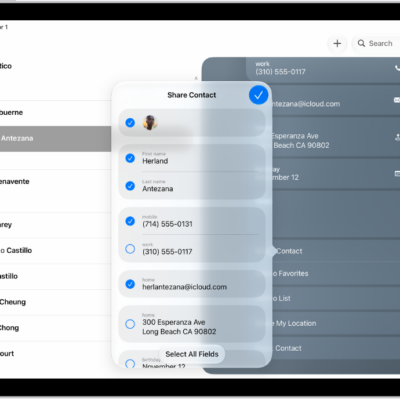 The Share Contact window in the Contacts app.