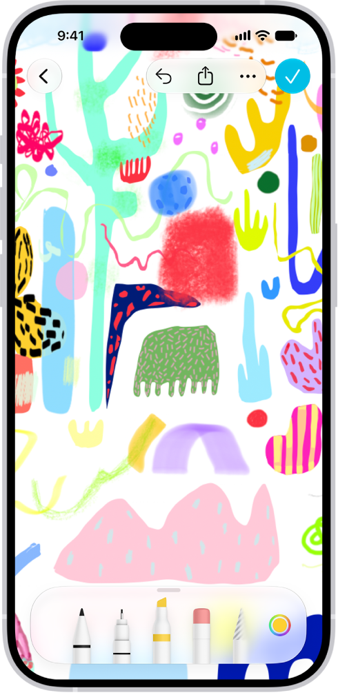 An iPhone with the Freeform app and its drawing tools menu open. The board includes handwriting and drawings.