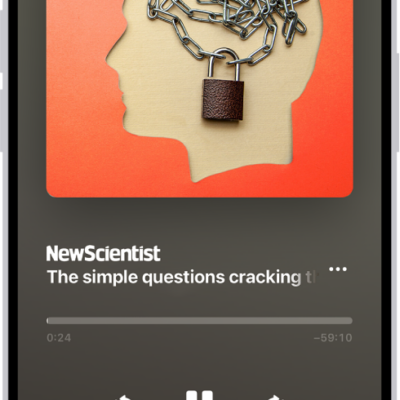 The audio player for a story in Apple News+, with playback controls and a volume slider.