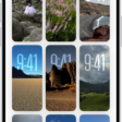 Wallpaper Suggestions is open in the Photos app. Automatically generated combinations of photos, filter effects, and clock face fonts appear in a grid of suggestions.