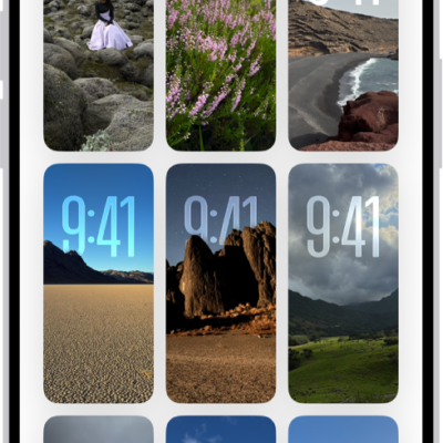 Wallpaper Suggestions is open in the Photos app. Automatically generated combinations of photos, filter effects, and clock face fonts appear in a grid of suggestions.