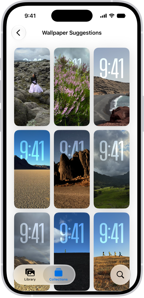 Wallpaper Suggestions is open in the Photos app. Automatically generated combinations of photos, filter effects, and clock face fonts appear in a grid of suggestions.