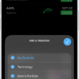 A list of customized watchlists in the Stocks app: My Symbols, Mom's Portfolio, Sustainability, and Entertainment.