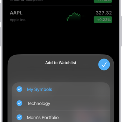 A list of customized watchlists in the Stocks app: My Symbols, Mom's Portfolio, Sustainability, and Entertainment.
