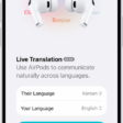 The Translate app on iPhone showing the Live Translation screen. The screen shows two pop-up menus for choosing the other person's language and your language, and a button to start Live Translation.