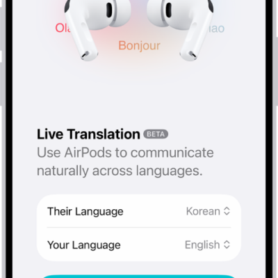 The Translate app on iPhone showing the Live Translation screen. The screen shows two pop-up menus for choosing the other person's language and your language, and a button to start Live Translation.