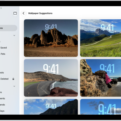 Wallpaper Suggestions is open in the Photos app. Automatically generated combinations of photos, filter effects, and clock face fonts appear as suggestions.