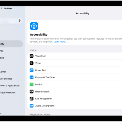 A Settings screen showing Accessibility options such as VoiceOver, Live Recognition, and Audio Descriptions.