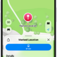 A map showing a dropped pin in a park. Below it, buttons to get directions to the pin, download its surrounding area, or move it appear.
