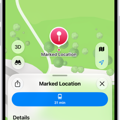 A map showing a dropped pin in a park. Below it, buttons to get directions to the pin, download its surrounding area, or move it appear.