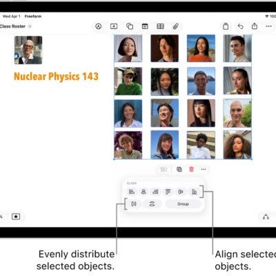 A Freeform board filled with a grid of photos. Several photos are selected, and the alignment and grouping tools appear below them.