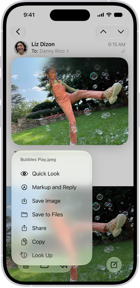 An email attachment is selected with possible actions listed.