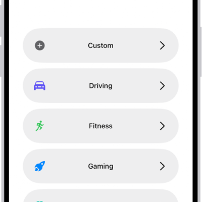 A Focus setup screen for the additional provided Focus options, including Custom, Driving, Fitness, Gaming, Mindfulness, and Reading.