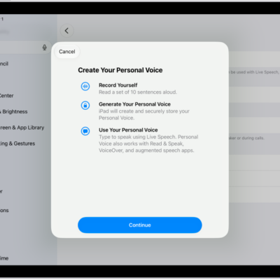 An iPad with information about how to create a Personal Voice.