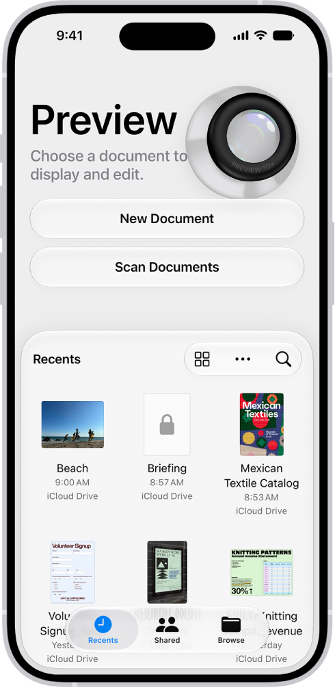The main screen of the Preview app, showing PDFs and images. At the bottom of the screen are the Recents, Shared, and Browse tabs.
