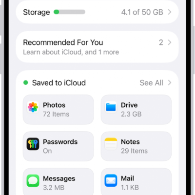 The iCloud settings screen showing the iCloud storage meter and a list of features—including Photos, iCloud Drive, and iCloud Backup—that can be used with iCloud.