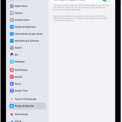 The Tracking screen, with a setting to control whether apps can ask to track you across websites or apps owned by other companies.