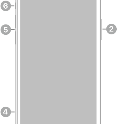 The front view of iPhone 12 Pro. The front camera is at the top center. The side button is on the right side. The Lightning connector is on the bottom. On the left side, from bottom to top, are the SIM tray, the volume buttons, and the Ring/Silent switch.