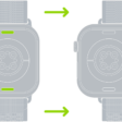 Two images of Apple Watch. The image on the left shows the band release button. The image on the right shows a watch band partially inserted into the band slot.