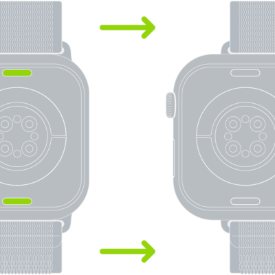 Two images of Apple Watch. The image on the left shows the band release button. The image on the right shows a watch band partially inserted into the band slot.