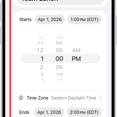 A calendar event showing settings for the time and time zone of the event.