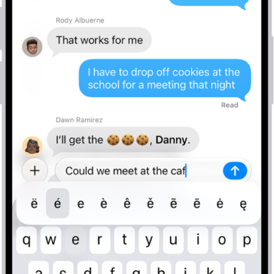 The onscreen keyboard showing the alternate accented characters that appear when you touch and hold the E key.