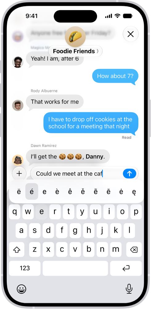 The onscreen keyboard showing the alternate accented characters that appear when you touch and hold the E key.